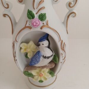 JSNY Bisque Vase Bluebird in Flowers Raised Design Urn Shape Vase